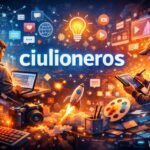 Futuristic digital illustration representing ciulioneros, featuring a glowing logo, creative tools, digital icons, and two people working on laptops and tablets.