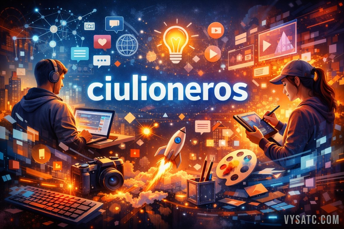 Futuristic digital illustration representing ciulioneros, featuring a glowing logo, creative tools, digital icons, and two people working on laptops and tablets.