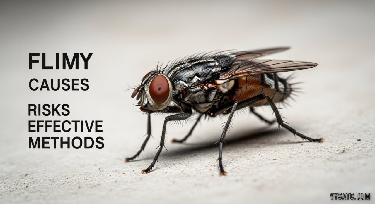Flimy fly resting near a damp drain area, highlighting unsanitary conditions that attract flies and promote infestation.