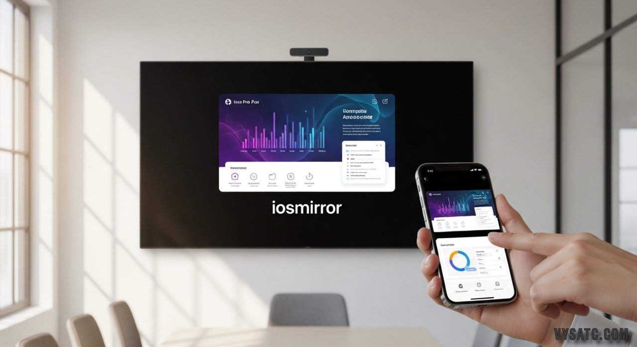 iOSMirror interface displaying an iPhone screen mirrored wirelessly on a desktop computer for presentations and screen sharing.